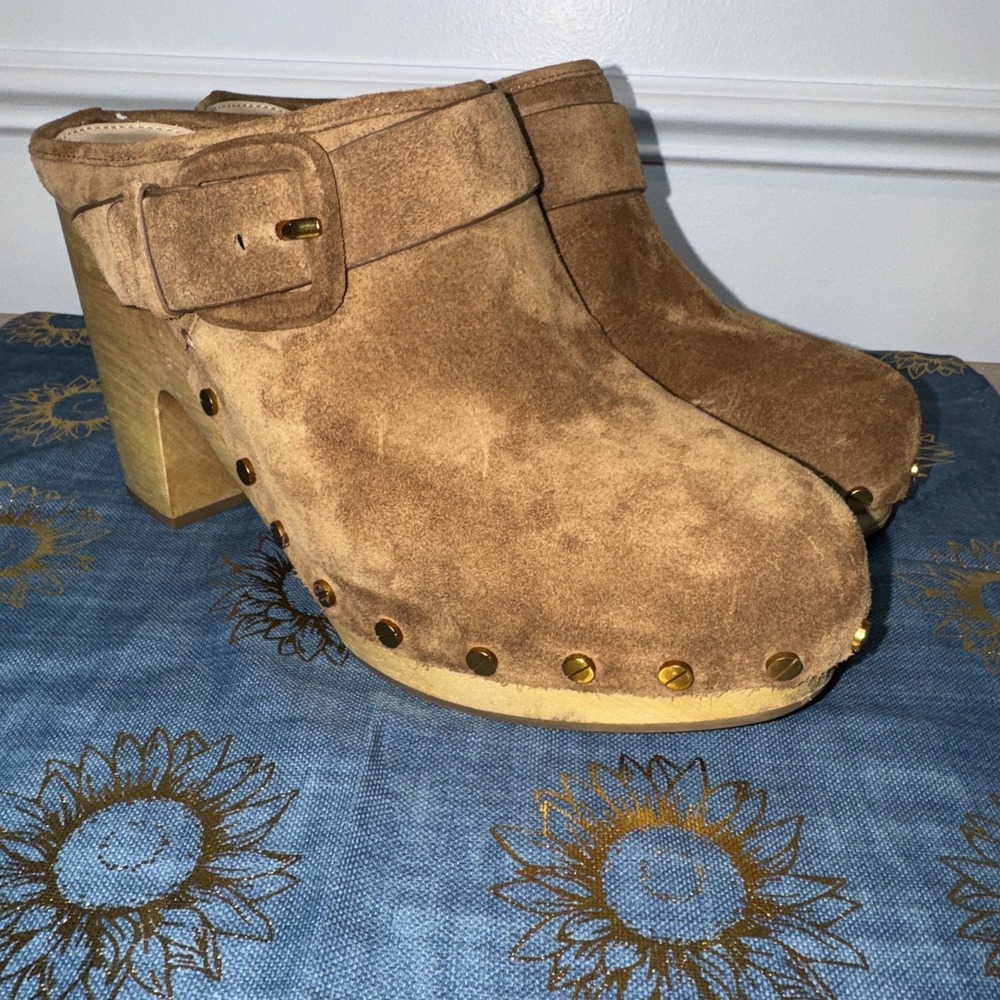 VERONICA BEARD Dacey Buckle Brown Suede Clog Mule Studded Buckle 4.5"‎ 9M Rivet